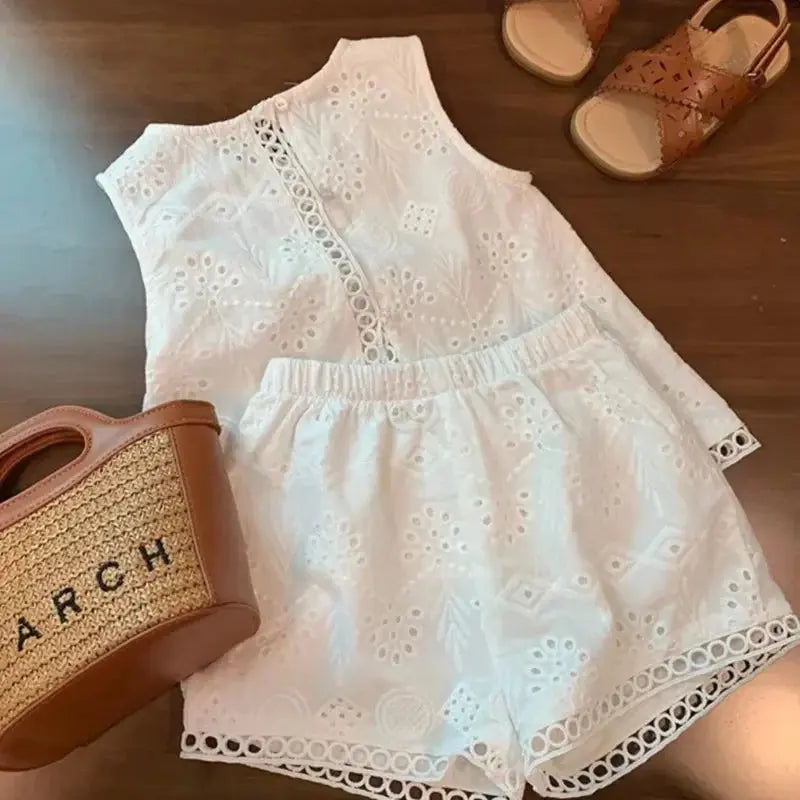 Southern Create Crafts Baby and Toddler Girls Hollow Lace Sleeveless Shirt and Short Set